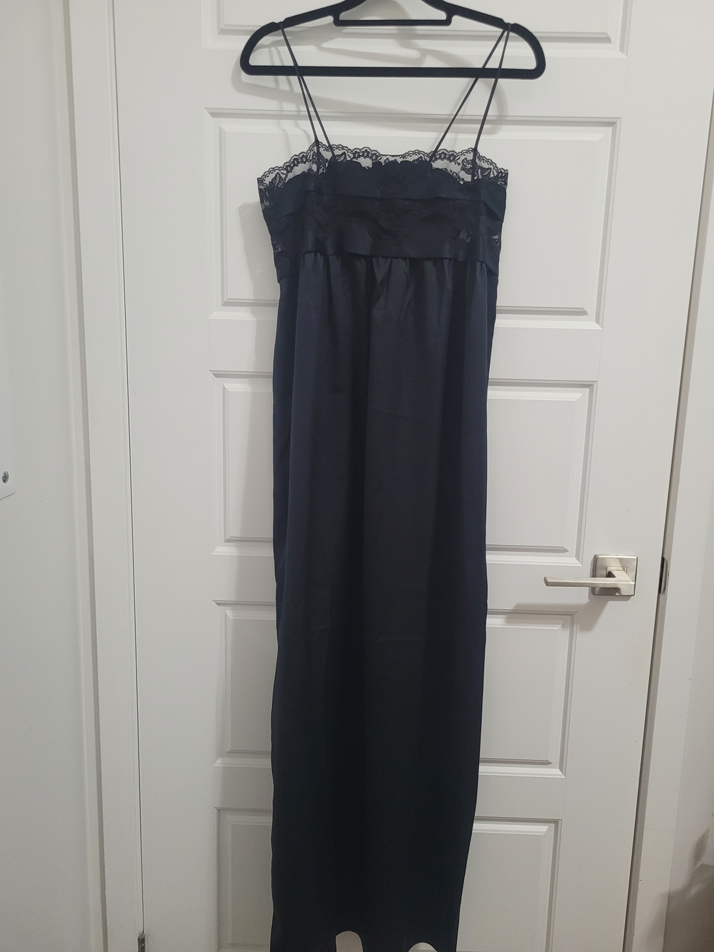 Vintage Black Satin Lace-Trim Long Slip with Spaghetti Straps